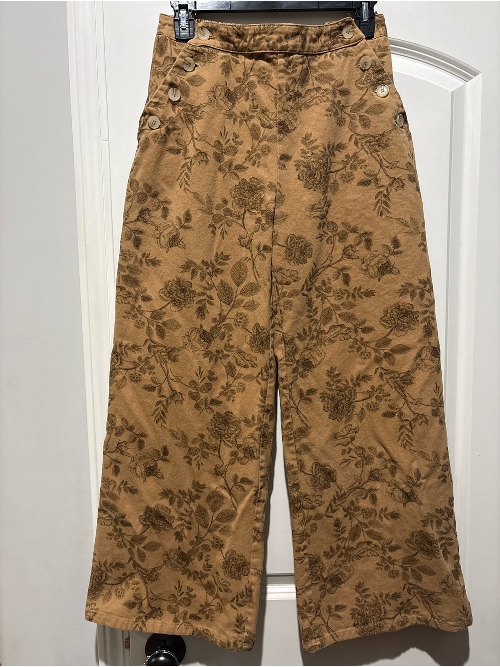 Allie Rose Tan Floral Toile Sailor Button Wide Leg Pants Cottagecore M - Picture 5 of 8